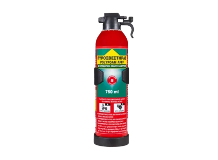 Red foam fire extinguisher with a black handle, labeled 750 ml, standing upright. (Informative image)