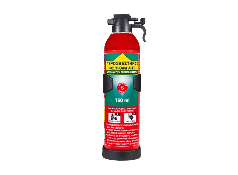 Pirosvestiras - Olympus Plus Red foam fire extinguisher with a black handle, labeled 750 ml, standing upright. (Informative image)