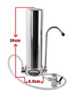 Chrome cylindrical water purifier with gooseneck spout, base mount, and hose connections; dimensions: 30 cm tall, 8.5 cm base.