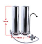 Double-tap stainless steel water filtration faucet with hose and valve; height 30 cm, width 19 cm (product image with measurements).