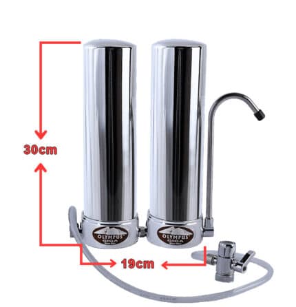 Double-tap stainless steel water filtration faucet with hose and valve; height 30 cm, width 19 cm (product image with measurements).