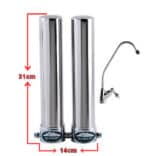 Twin stainless steel water filter housings with a chrome faucet; dimensions 31 cm tall and 14 cm wide.