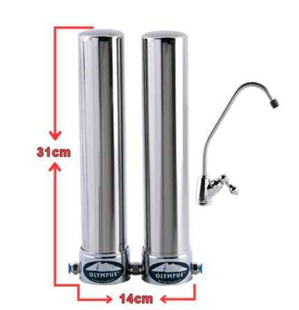 Twin stainless steel water filter housings with a chrome faucet; dimensions 31 cm tall and 14 cm wide.