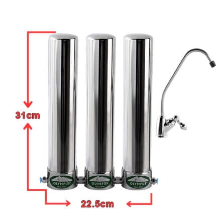 Three chrome water filter housings arranged in a row with a tall faucet on the right; overall height 31 cm and total width 22.5 cm.