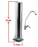 Tall stainless water filter canister with a side faucet; measures about 31 cm tall and 7 cm wide at the base.