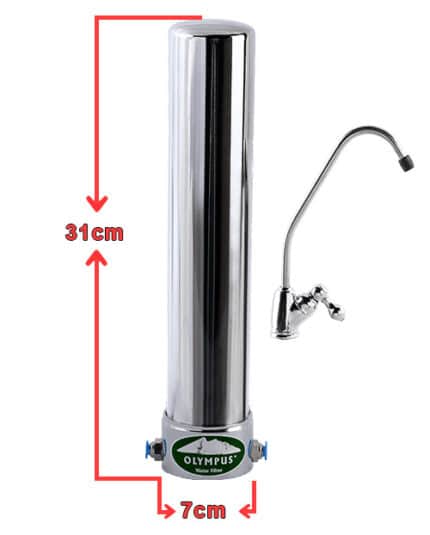 Tall stainless water filter canister with a side faucet; measures about 31 cm tall and 7 cm wide at the base.