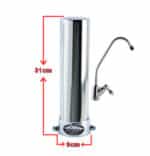 Tall stainless steel water filter column with side faucet; ~31 cm tall and 9 cm diameter (Olympus).