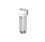 Filtro-kentrikis-paroxis-3-4 - Olympus Plus Inline water filter housing with clear cylindrical canister and white mounting bracket