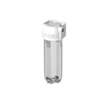 Inline water filter housing with clear cylindrical canister and white mounting bracket