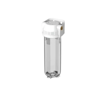 Inline water filter housing with clear cylindrical canister and white mounting bracket