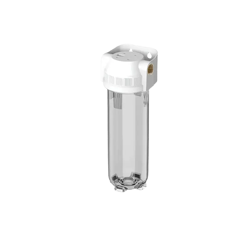 Filtro-kentrikis-paroxis-3-4 - Olympus Plus Inline water filter housing with clear cylindrical canister and white mounting bracket
