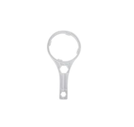 Plastic ring-shaped tool with a circular clamp and a long handle featuring hexagonal cutouts.