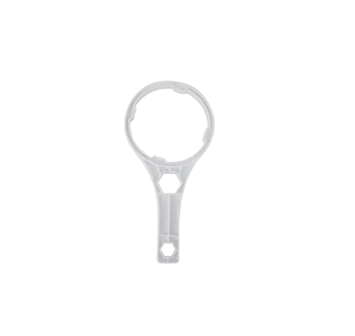 Plastic ring-shaped tool with a circular clamp and a long handle featuring hexagonal cutouts.