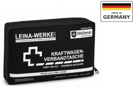 Black first aid kit pouch with white German text and the Malteser logo, labeled Made in Germany in the top-right corner
