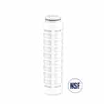 White cylindrical water filter cartridge standing upright with an NSF certification mark nearby