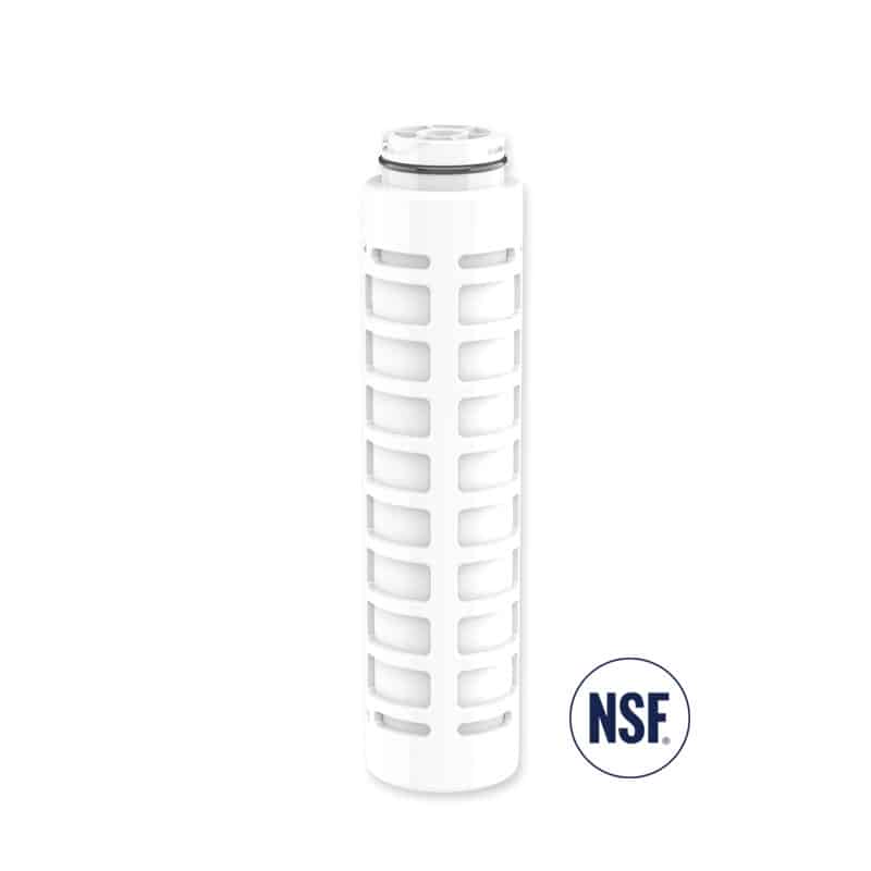 Antallaktiko_filtro - Olympus Plus White cylindrical water filter cartridge standing upright with an NSF certification mark nearby