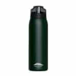 Dark green reusable water bottle with a black screw-top lid and Olympus logo near the base at the bottom.