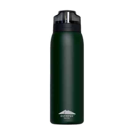Dark green reusable water bottle with a black screw-top lid and Olympus logo near the base at the bottom.