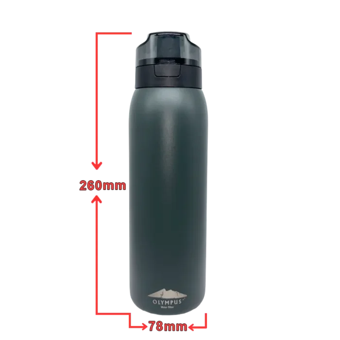 Dark green Olympus water bottle with black lid, standing upright; 260 mm tall and 78 mm wide