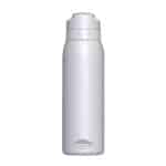 White stainless steel insulated water bottle with a screw-top cap and a small mountain logo near the base.