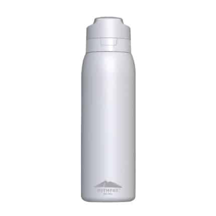 White stainless steel insulated water bottle with a screw-top cap and a small mountain logo near the base.