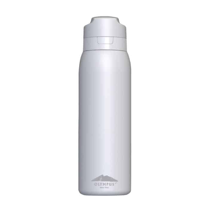 White stainless steel insulated water bottle with a screw-top cap and a small mountain logo near the base.