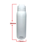 Thermos_white_specs - Olympus Plus Olympus stainless steel water bottle, 260 mm tall and 78 mm diameter, white with gray cap.