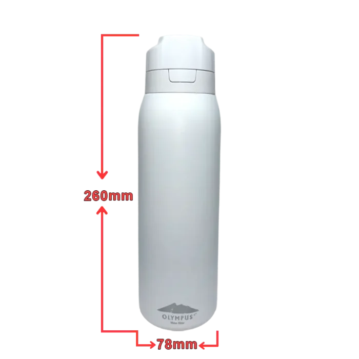 Olympus stainless steel water bottle, 260 mm tall and 78 mm diameter, white with gray cap.