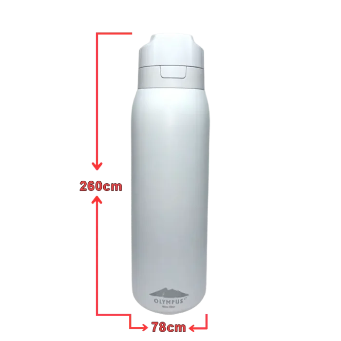 Tall white Olympus thermos with gray flip-top lid; red measurement lines show 260 cm height and 78 cm width.
