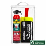 Clear zip bag containing a red fire extinguisher and a black emergency/tool kit inside the pouch.