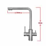 Stainless steel kitchen faucet with curved spout and two side levers, 24 cm reach and 35 cm height (image shows dimensions).