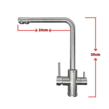 Stainless steel kitchen faucet with curved spout and two side levers, 24 cm reach and 35 cm height (image shows dimensions).