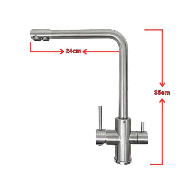 Stainless steel kitchen faucet with curved spout and two side levers, 24 cm reach and 35 cm height (image shows dimensions).