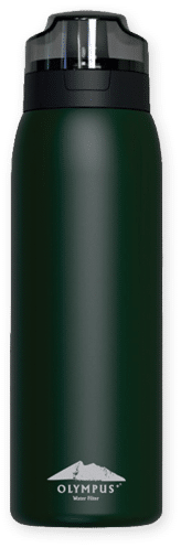 Green insulated water bottle with a black lid and the Olympus logo near the bottom.