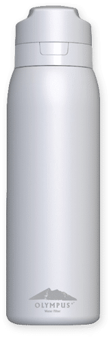 White stainless steel water bottle with a flip-top cap, featuring a small Olympus logo near the bottom.