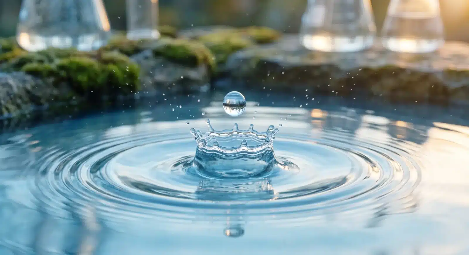 Macro shot of a water droplet creating a crown splash on a blue pool surface with ripples and blurred glassware in the background.
