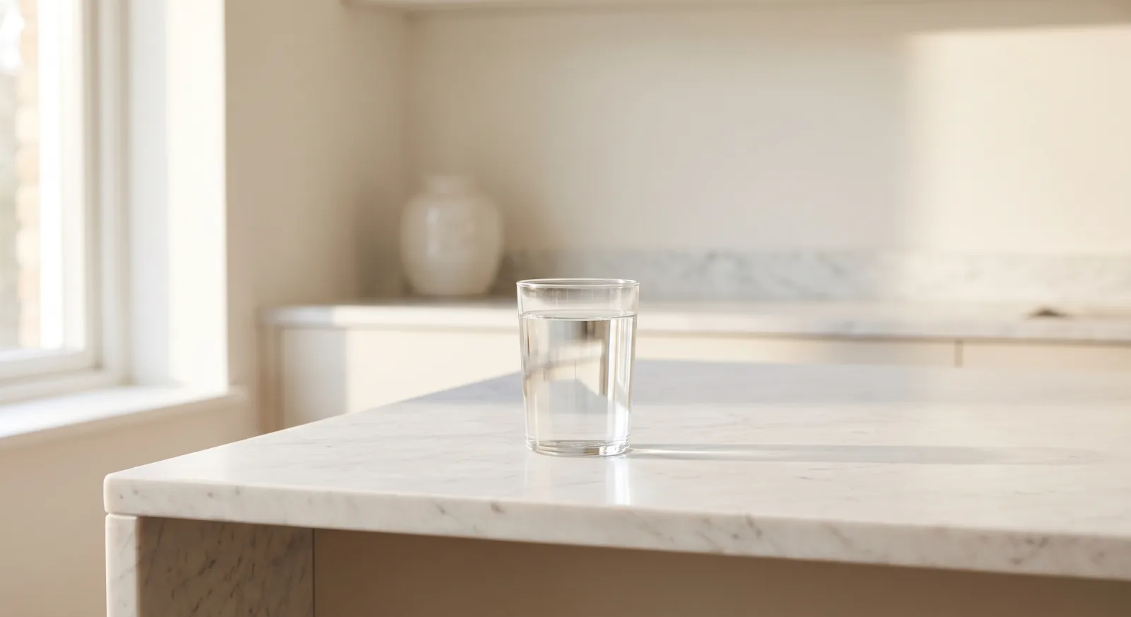 Glass of water on a white marble kitchen island, with a softly blurred neutral background and natural light